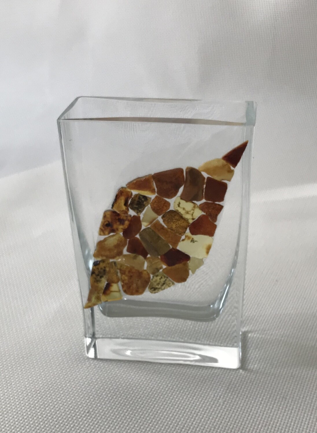 Frosted Glass Vase decorated with pure Baltic amber. Rectangular shape. Height 16cm.