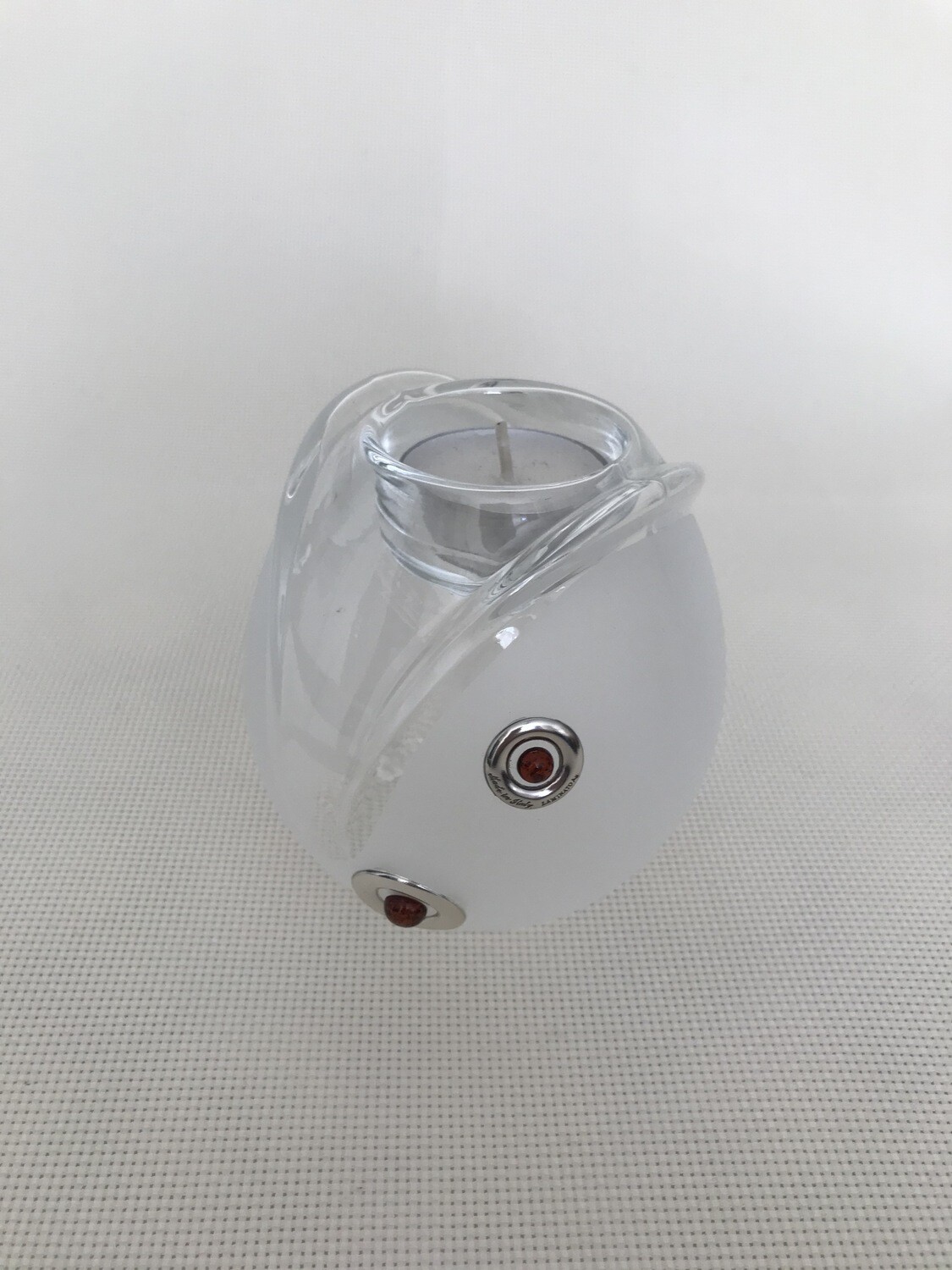 Frosted Glass Vase and Candle Holder with Silver and Amber circular motifs. Two way use glass. Height 10 cm.
