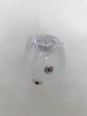 Frosted Glass Vase and Candle Holder with Silver and Amber circular motifs. Two way use glass. Height 10 cm.