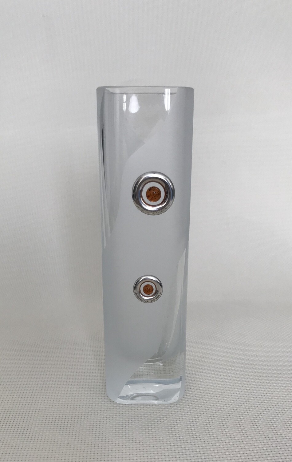 Frosted Glass Vase with Silver and Amber Circular Pattern. Square vase. Height 18cm.