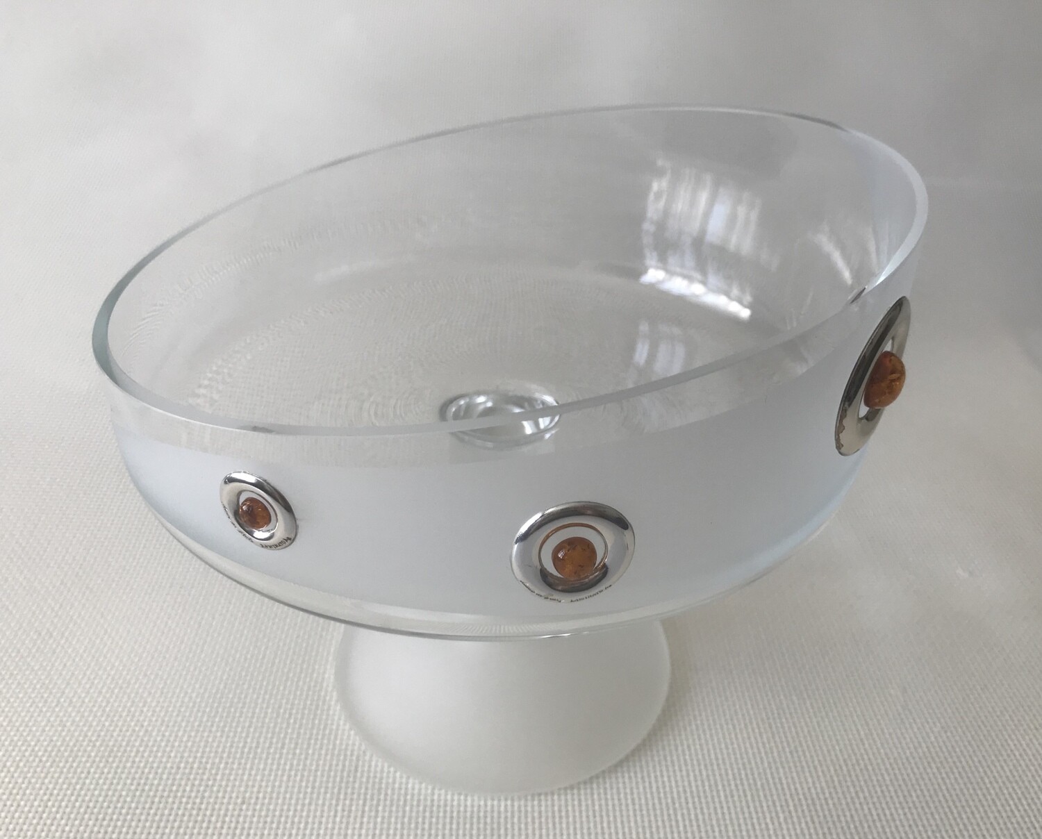 Frosted Glass Fruit Plate decorated with Silver and Amber. Height 16cm / Dia. 19cm