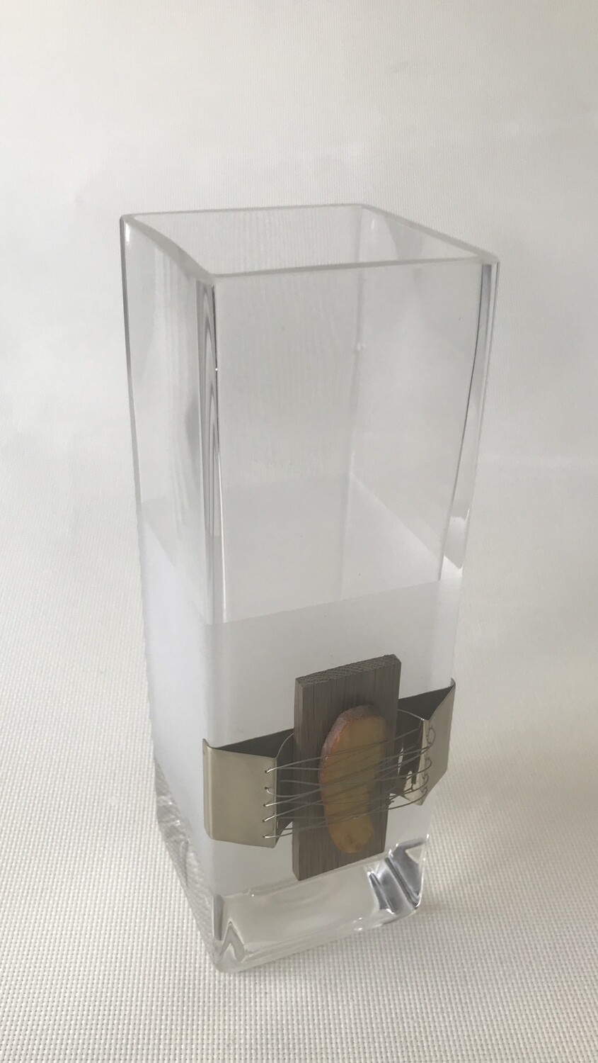Glass Vase decorated with  Wood, Stainless Steel and Amber.  
Square block shape. Height 25cm.