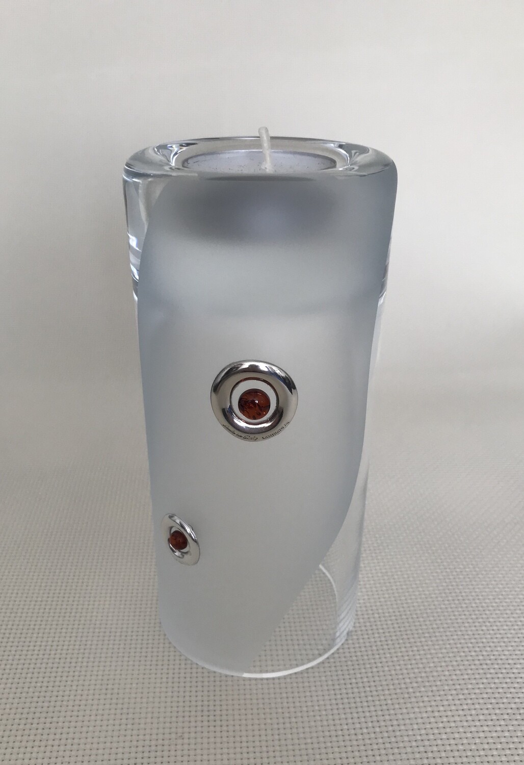 Frosted Glass Vase and Candle Holder with Silver and Amber circular motifs. Two way use glass. Cilinder shape. Height 15 cm.