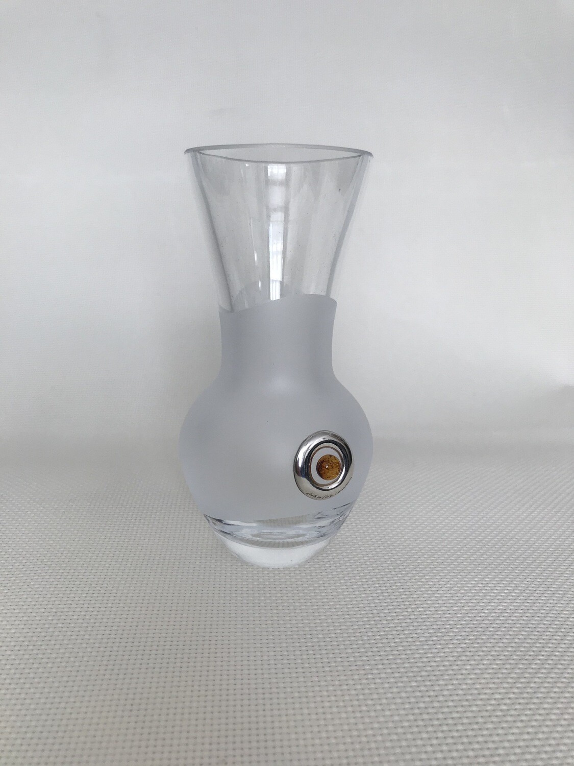 Frosted Glass Vase with Silver and Amber circular motifs.  Height 14 cm.