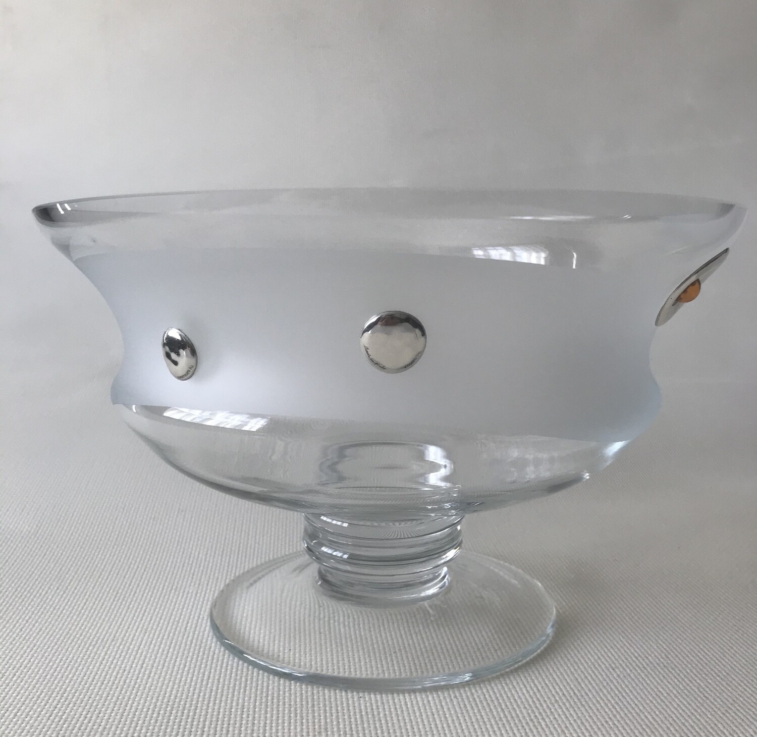Frosted Glass Fruit Bowl decorated with Silver and Amber. Height 15cm / Dia. 24cm