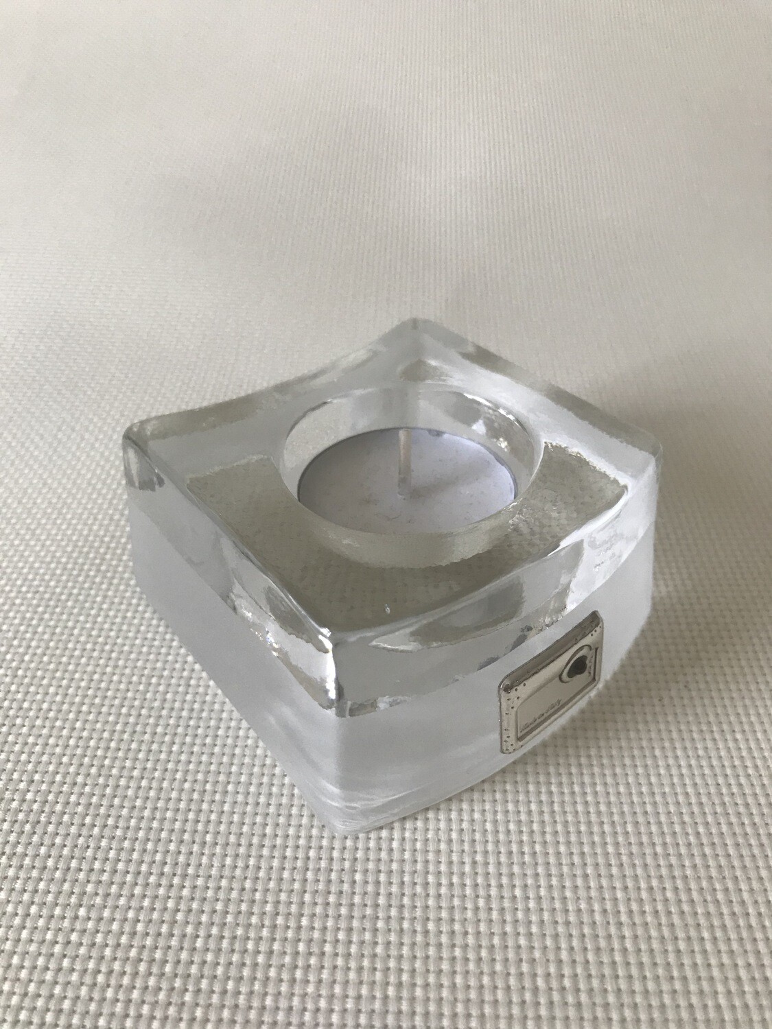 Frosted Glass Candle Holder with Silver and Amber square motifs.  Irregular shape. Height 4.5 cm / 7x7cm