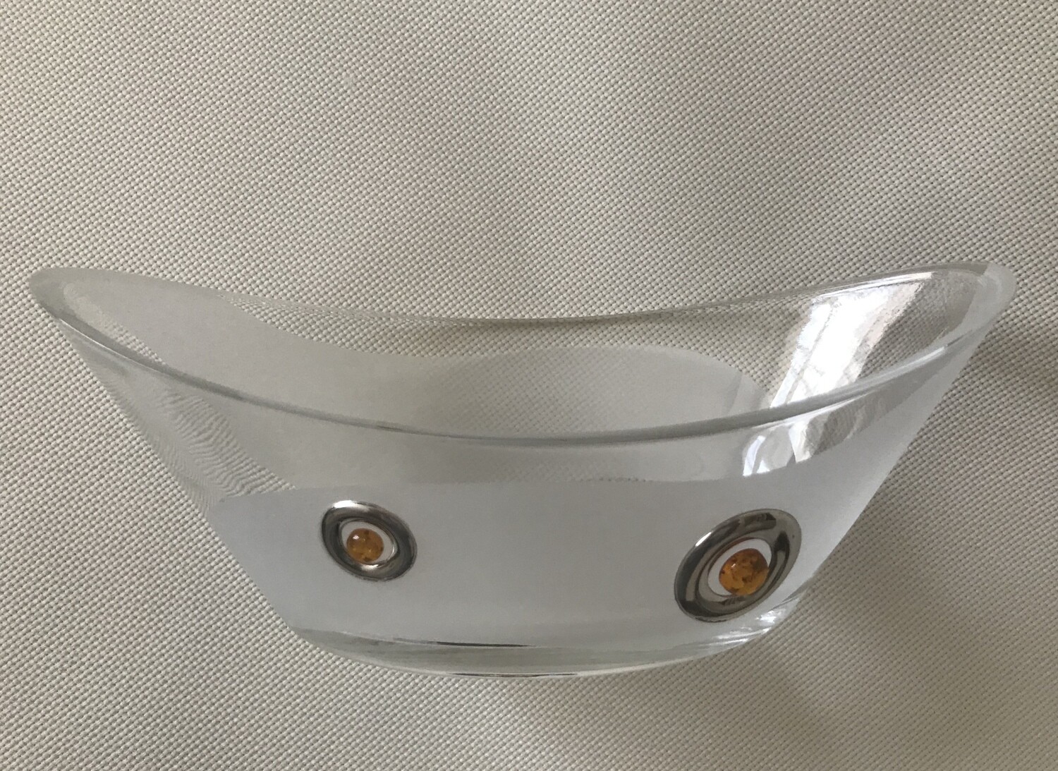 Frosted Glass Oval Bowl decorated with Silver and Amber. Height 9cm