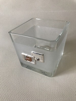 Frosted Glass Square Bowl decorated with Silver and Amber. Height 10cm