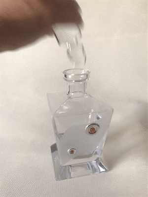 Frosted Glass Decanter with Silver and Amber circular motifs.  Height 26 cm.