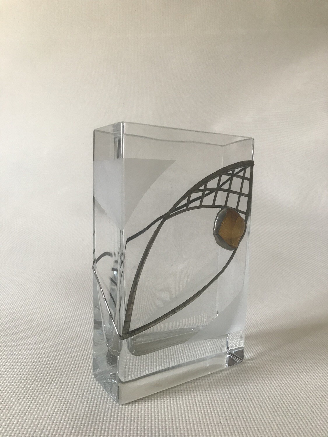 Frosted Glass Vase with  Tin Mesh and Amber. Rectangular shape. Height 16cm.