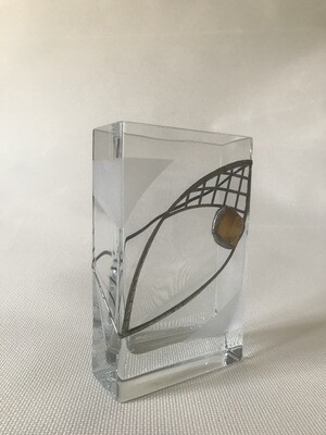 Frosted Glass Vase with  Tin Mesh and Amber. Rectangular shape. Height 16cm.