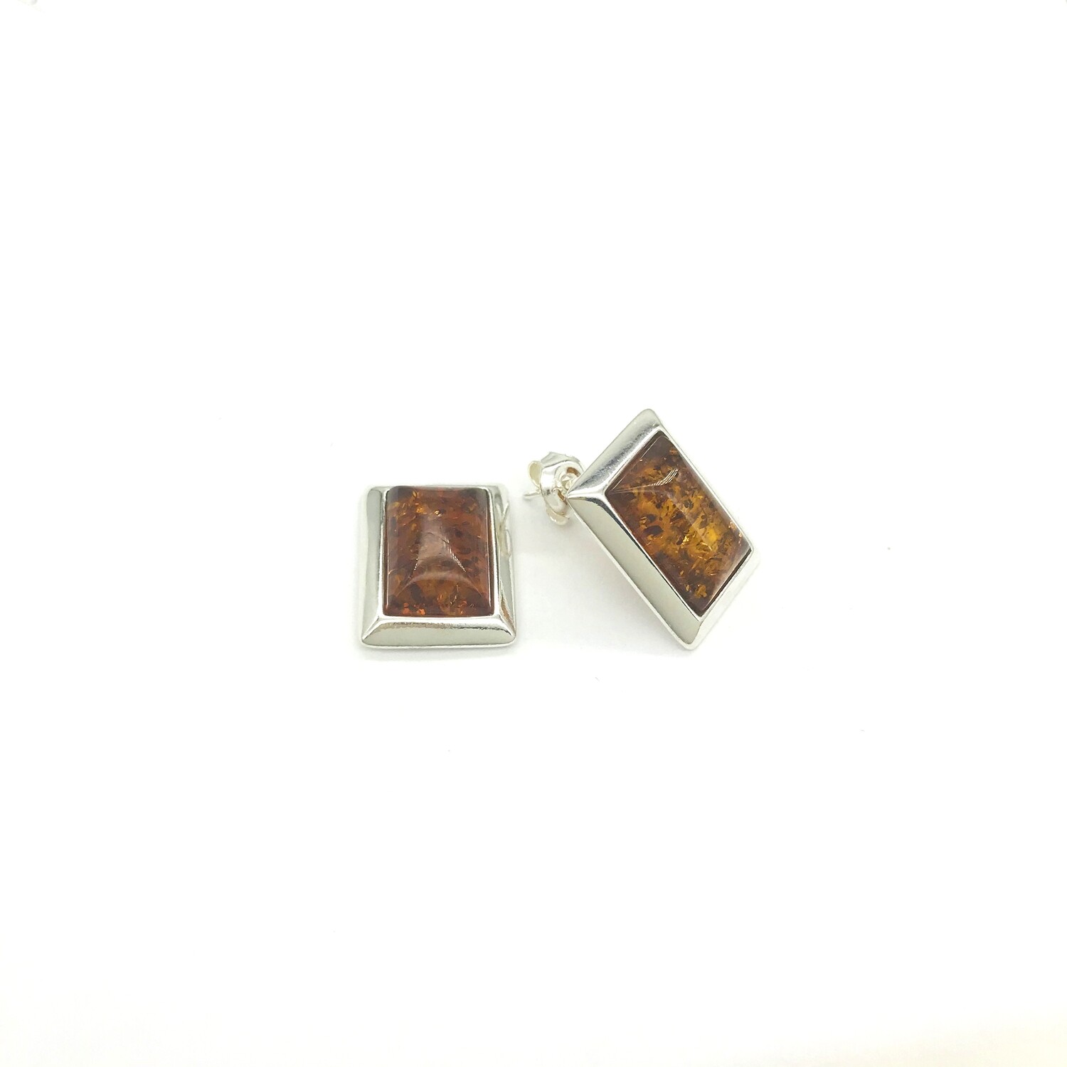 Silver and Cognac Amber Earrings - Studs