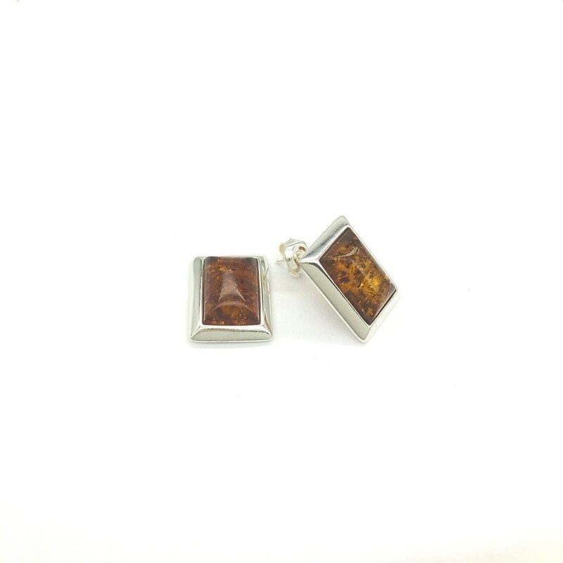 Silver and Cognac Amber Earrings - Studs