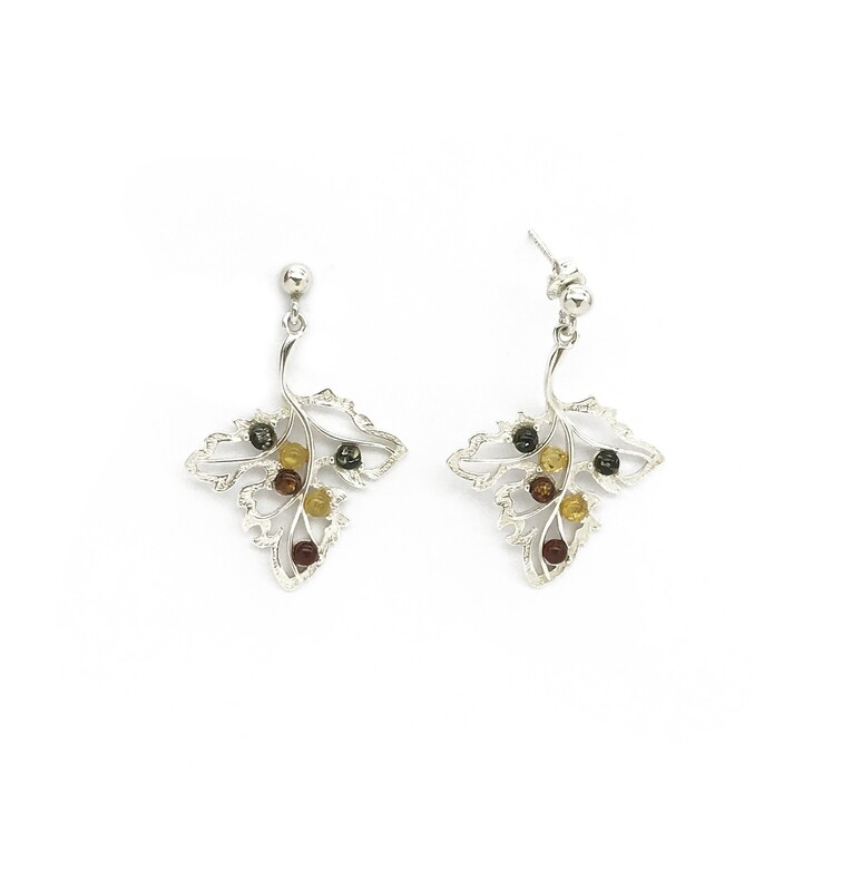 Silver and Amber Leaf Earrings