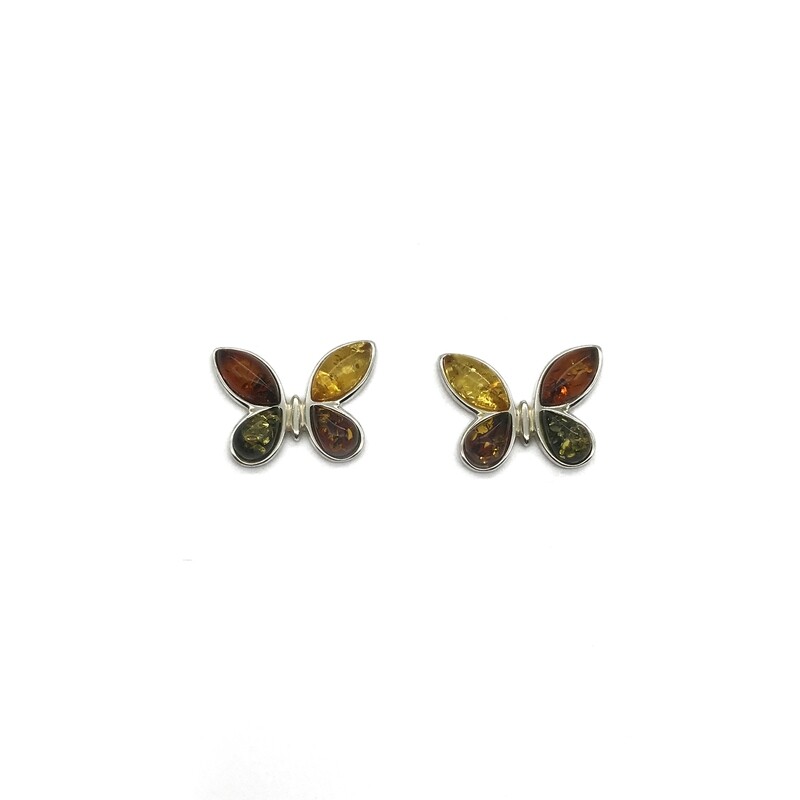 Butterfly Silver and Amber Earrings - Studs