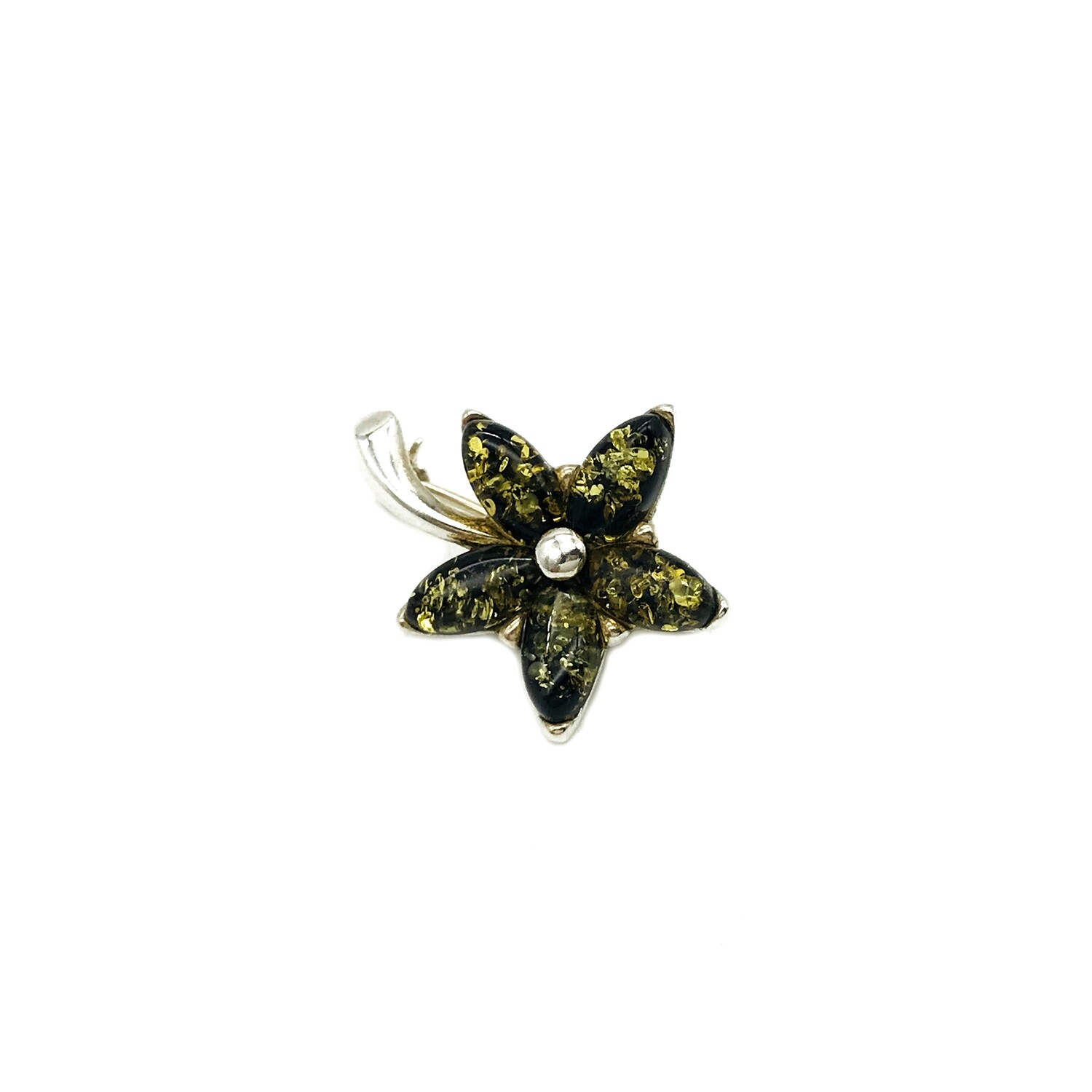 Silver and Amber Flower Brooch