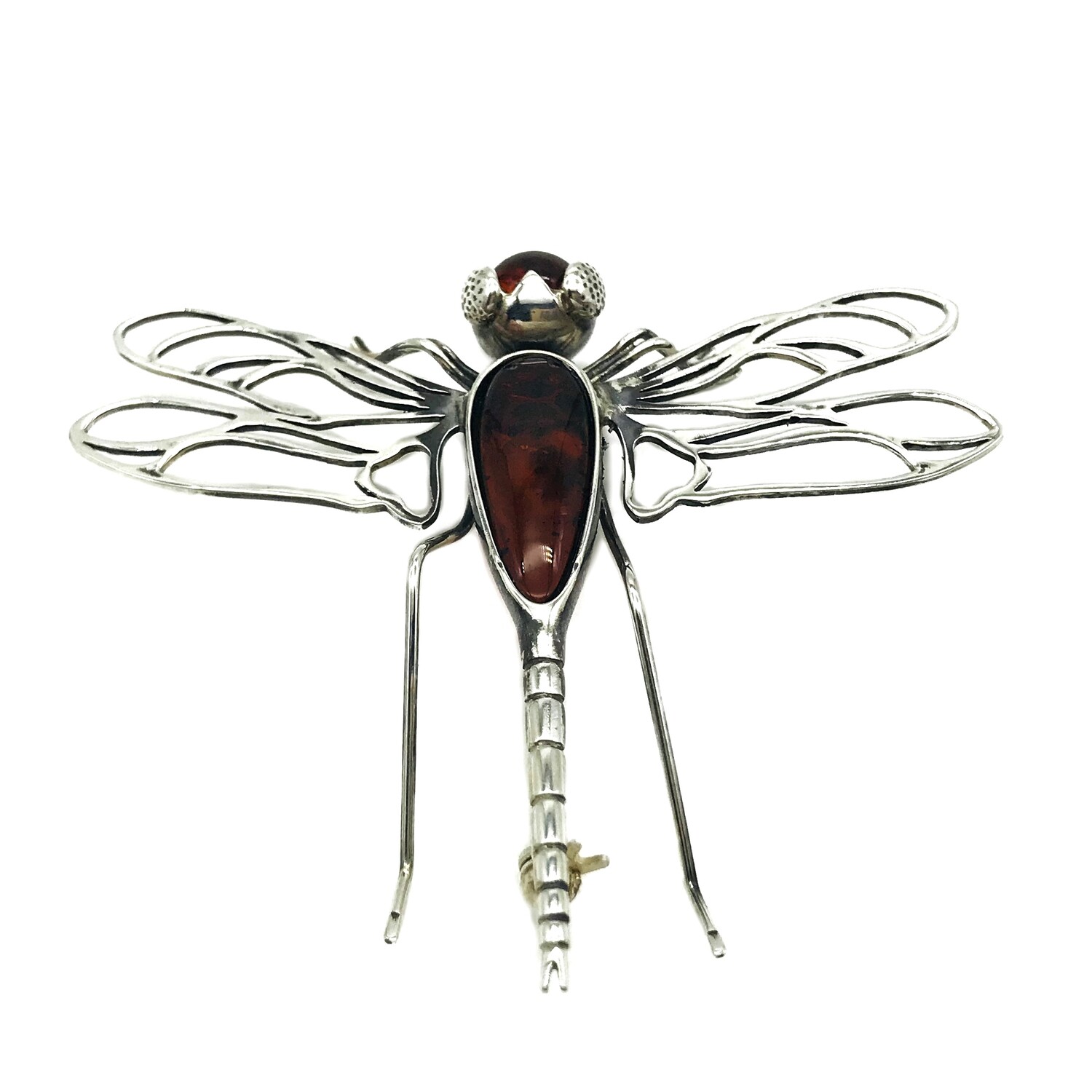Silver and Amber Dragonfly Brooch