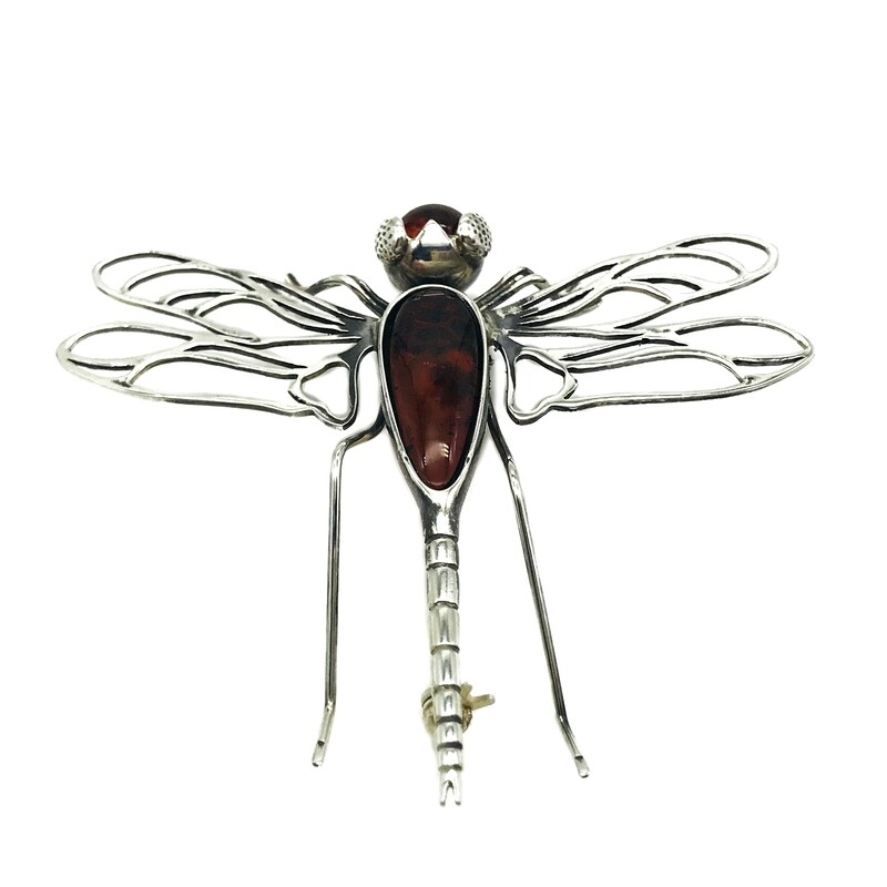 Silver and Amber Dragonfly Brooch