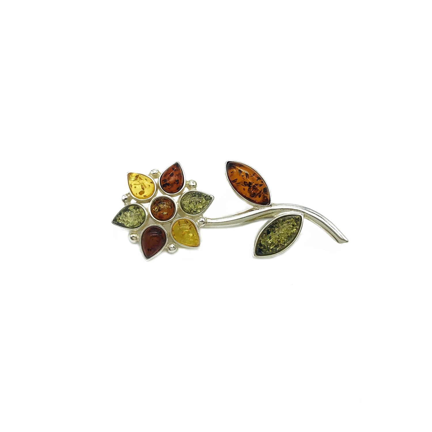 Silver and Amber Flower Brooch