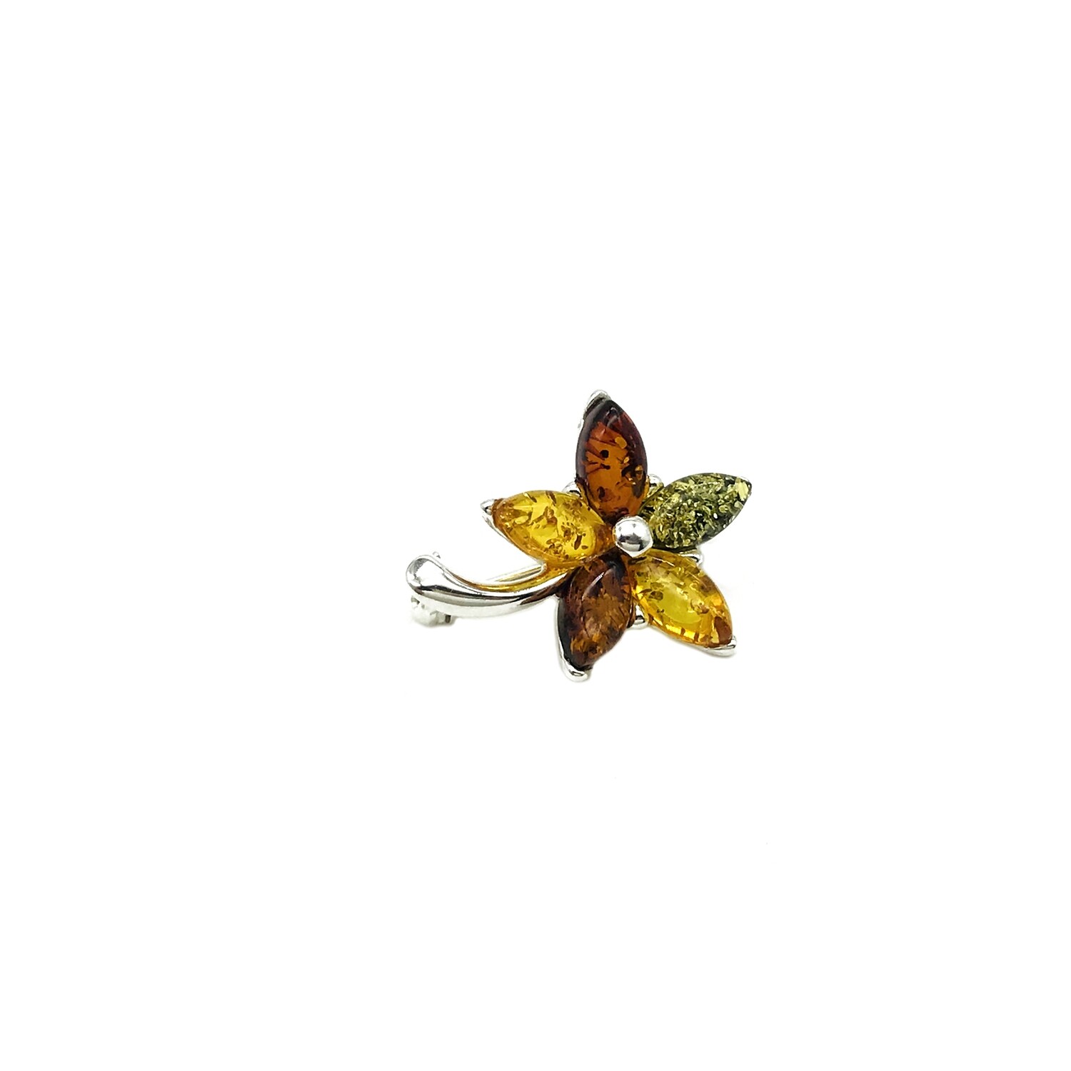 Silver and Amber Flower Brooch
