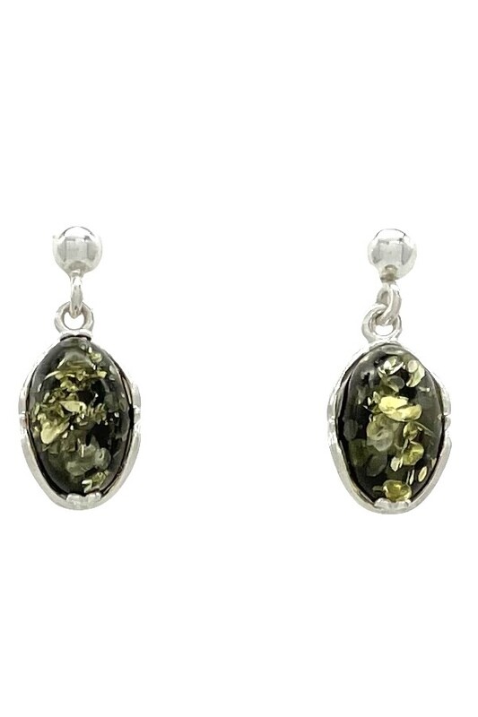 Sterling Silver and  Green Amber Drop Earrings