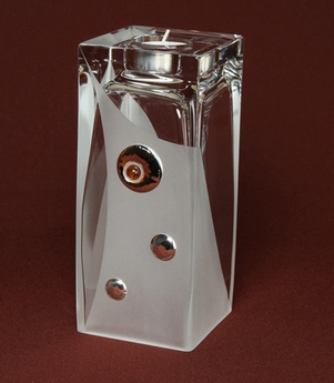Frosted Glass Vase and Candle Holder with Silver and Amber circular motifs. Two way use glass. Square block shape. Height 20cm.