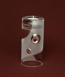 Frosted Glass Vase and Candle Holder with Silver and Amber circular motifs. Two way use glass. Cilinder shape. Height 15 cm.