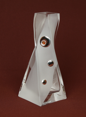 Frosted Glass Vase with Silver and Amber circular motifs.  Height 26 cm.
