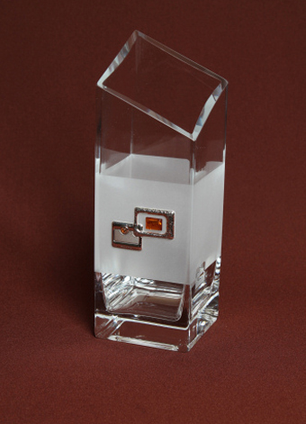 Frosted Glass Vase decorated with silver square motifs. Angle cut square shape. Height 25cm.