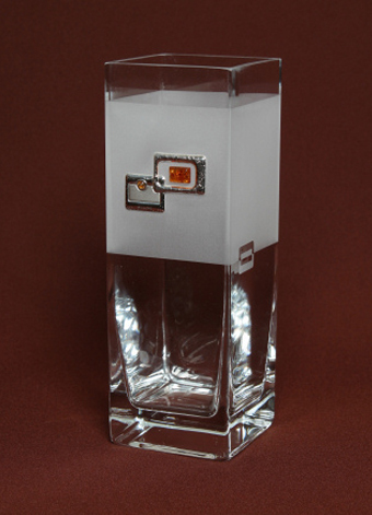 Frosted Glass Vase with  Silver and Amber  Square Pattern . Square block shape. Height 25cm.