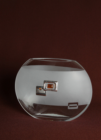 Frosted Glass Vase with Silver and Amber square pattern. Moonlight shape. Height 17cm.