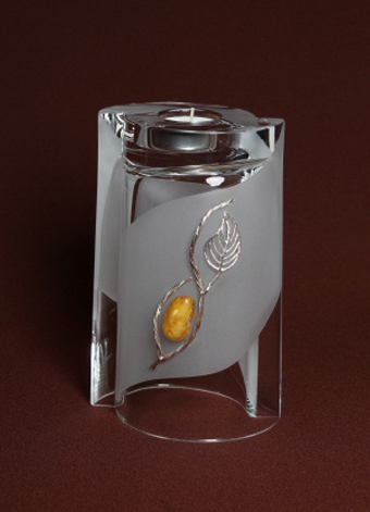 Frosted Glass Vase and Candle Holder with Silver Wire and Amber floral motif  . Two way use glass. Square block shape. Height 20cm.