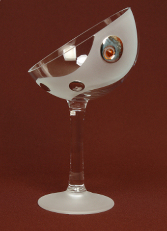 Frosted Glass Fruit Bowl decorated with Silver and Amber. Half slope shape. Height 25cm.