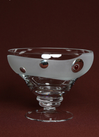 Frosted Glass Fruit Bowl decorated with Silver and Amber. Half slope shape. Height 20cm.