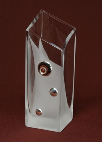 Frosted Glass Vase decorated with Silver and Amber. Angle cut square shape. Height 25cm.
