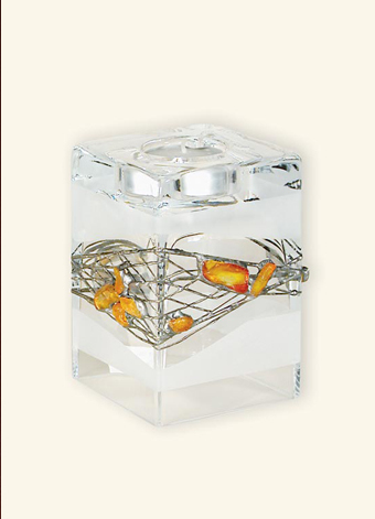 Frosted Glass Vase and Candle Holder with Tin and Amber. Height 10cm.