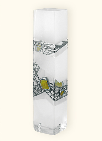 Frosted Glass Vase with  Tin and Amber mesh. Cubic square shape. Height 18cm.