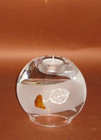 Frosted Glass Vase and Candle Holder with  Silver and Amber Tree motif . Two ways use. Moonshape frosted glass. Height 12cm.