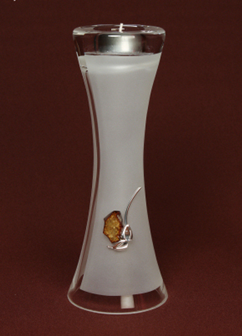 Frosted Glass Vase and Candle Holder with  Silver and Amber flower motif . Two ways use. Trumpet shape. Height 25cm.