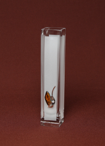 Frosted Glass Vase with  Silver and Amber Flower motif. Cubic square shape. Height 20 cm.