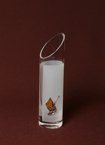 Glass Vase  with  Silver and Amber Tree motif. Angle cut cylinder shape. Height 20cm.