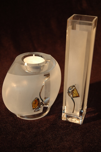 Set of 2 frosted glass vase and glass candle holder decorated with silver and amber flower motif.