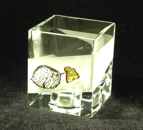 Frosted Glass Vase and Candle Holder with  Silver and Amber Tree motif .Two ways use. Cubic shape. Height 10cm.