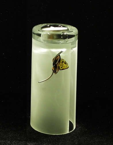 Frosted Glass Vase and Candle Holder with  Silver and Amber Flower motif . Two ways use. Cylinder shape. Height 15cm.