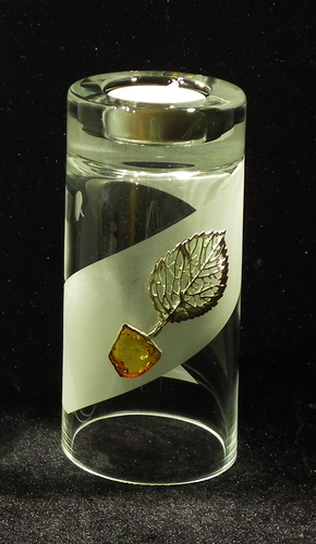 Frosted Glass Vase and Candle Holder with  Silver and Amber Tree motif . Two ways use. Cylinder shape. Height 15cm.