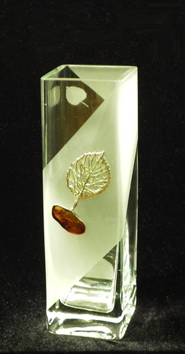 Glass Vase decorated with Silver and Amber Tree motif. Square block shape. Height 20cm.
