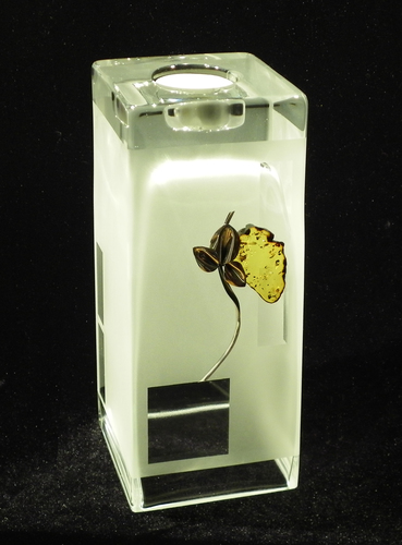 Frosted Glass Vase and Candle Holder with  Silver and Amber Flower motif. Two ways use. Square block shape. Height 20cm.