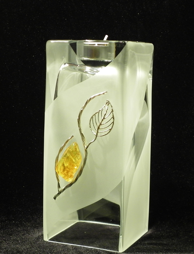 Frosted Glass Vase and Candle Holder with Silver Wire and Amber Leaf motif  . Two way use glass. Square block shape. Height 20cm.