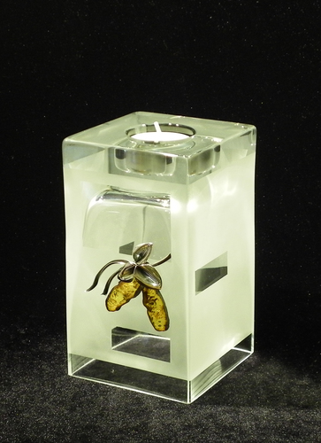 Frosted Glass Vase and Candle Holder with  Silver and Amber Flower motif. Two ways use. Square block shape. Height 15cm.