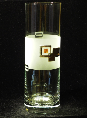 Frosted Glass Vase with Silver and Amber Square Pattern. Cylinder Tube. Height 30cm.